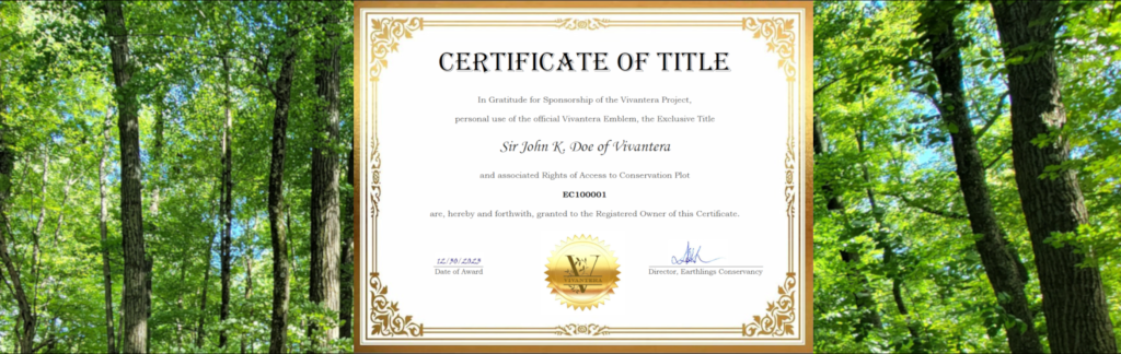 A sample Certificate of Title in the foreground and a sunny forest image in the background