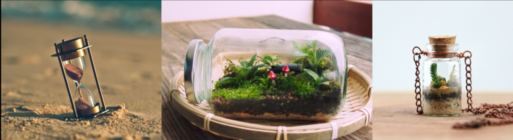 Images of a sand clock, a jar terrarium, and a flask pendant necklace containing soil and a plant.
